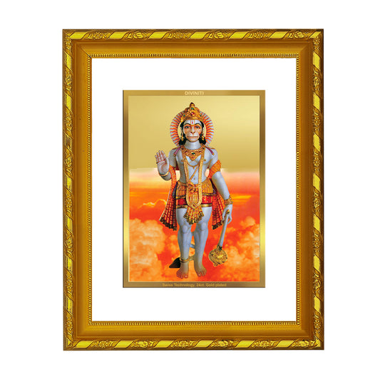 DIVINITI 24K Gold Plated Lord Hanuman Wooden Photo Frame Idol for Home Wall Decor, Workshop, Table Top, Premium Gift | DG103 Size 2 (22.6x18.4 CM)