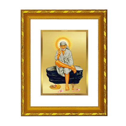 DIVINITI 24K Gold Plated Sai Baba Wooden Luxurious Photo Frame Idol for Home Wall Decor, Workshop, Table Top, Premium Gift | DG103 Size 2 (22.6x18.4 CM)