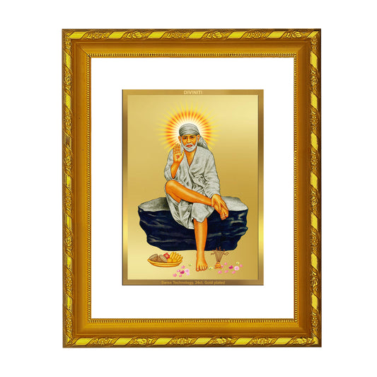 DIVINITI 24K Gold Plated Sai Baba Wooden Luxurious Photo Frame Idol for Home Wall Decor, Workshop, Table Top, Premium Gift | DG103 Size 2 (22.6x18.4 CM)