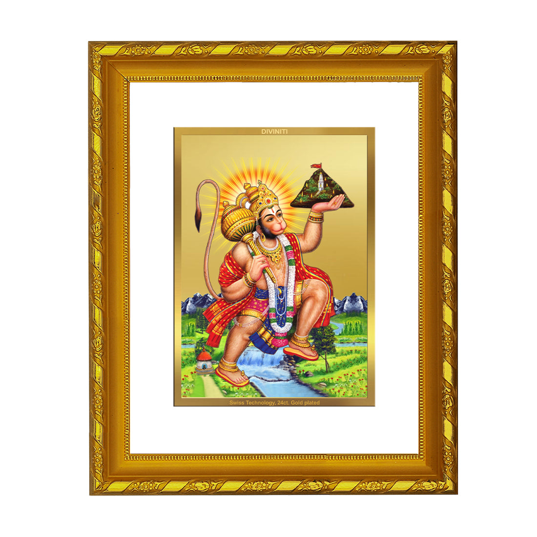 DIVINITI 24K Gold Plated Foil Lord Hanuman Photo Frame Idol for Wall Hanging, Workshop, Table Top, Home Decor, Gift|DG103 Size 2 (22.6x18.4 CM)