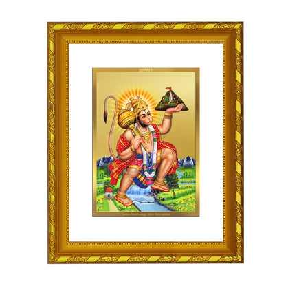 DIVINITI 24K Gold Plated Foil Lord Hanuman Photo Frame Idol for Wall Hanging, Workshop, Table Top, Home Decor, Gift|DG103 Size 2 (22.6x18.4 CM)