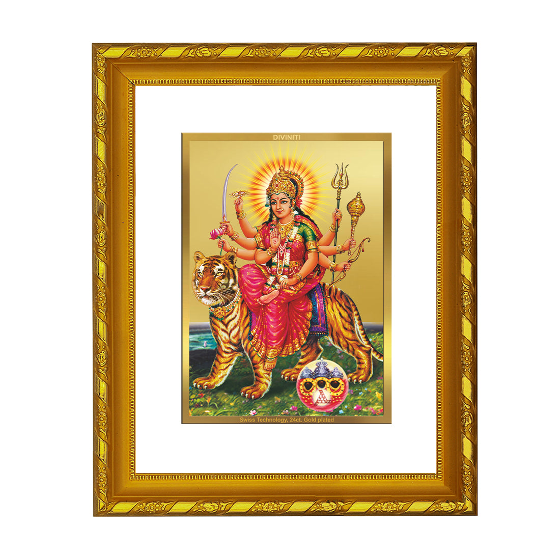 DIVINITI 24K Gold Plated Lord Durga Wooden Elegant Photo Frame Idol for Wall Hanging, Workshop, Table Top, Home Decor, Luxury Gift | DG103 Size 2 (22.6x18.4 CM)