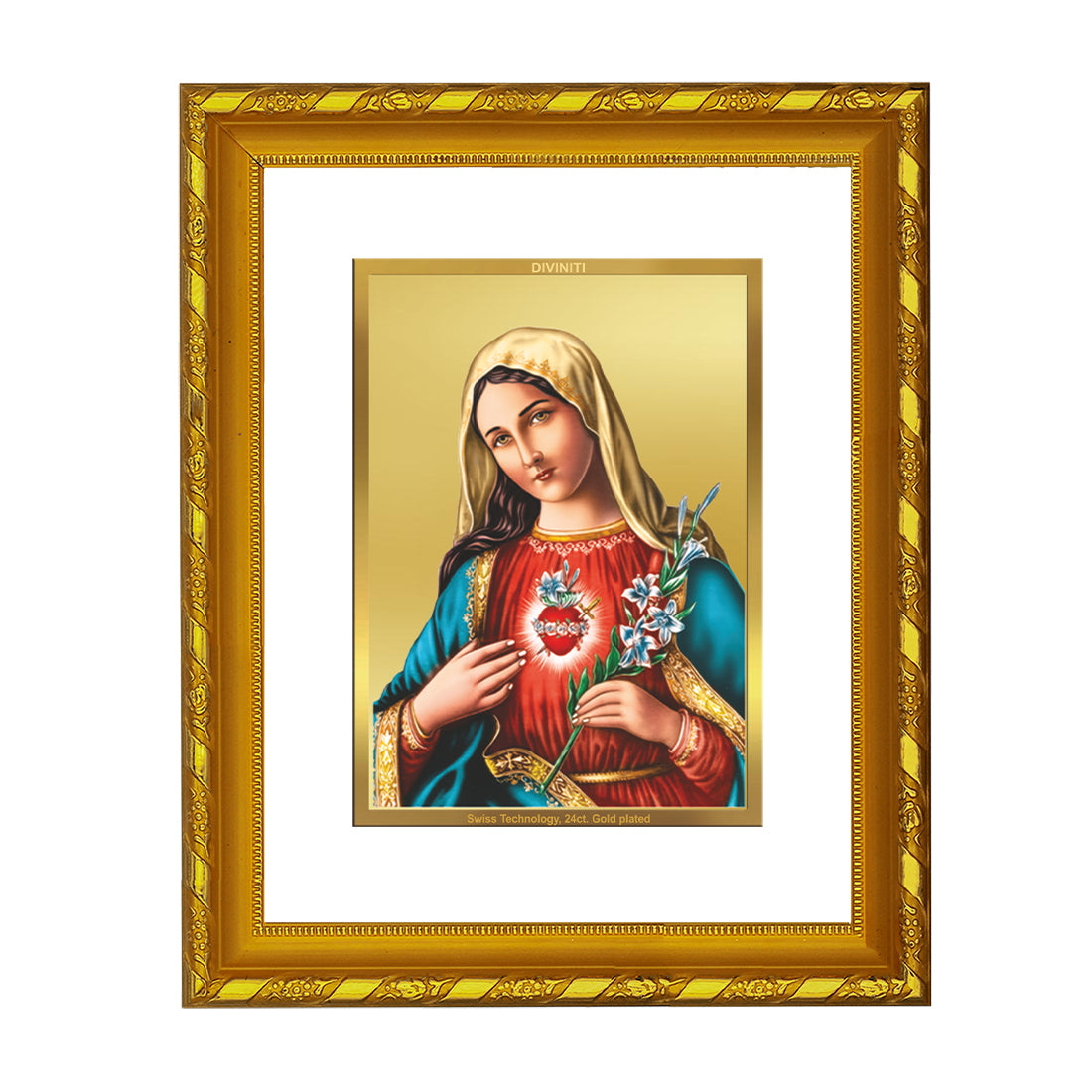 DIVINITI 24K Gold Plated Mother Mary Photo Frame Idol for Wall Hanging, Workshop, Table Top, Home Decor, Gift|DG103 Size 2 (22.6x18.4 CM)