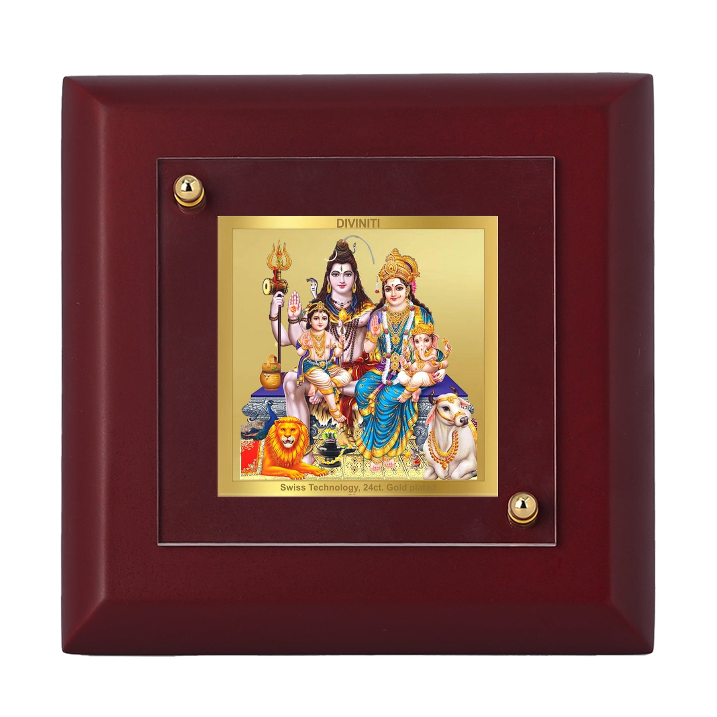 Diviniti 24K Gold Plated Lord Shiv Parivar Photo Frame Love and Faith for Home Decor, Tabletop, Puja Room, Luxury Gift | MDF Size 1A (9.9x9.9 CM)