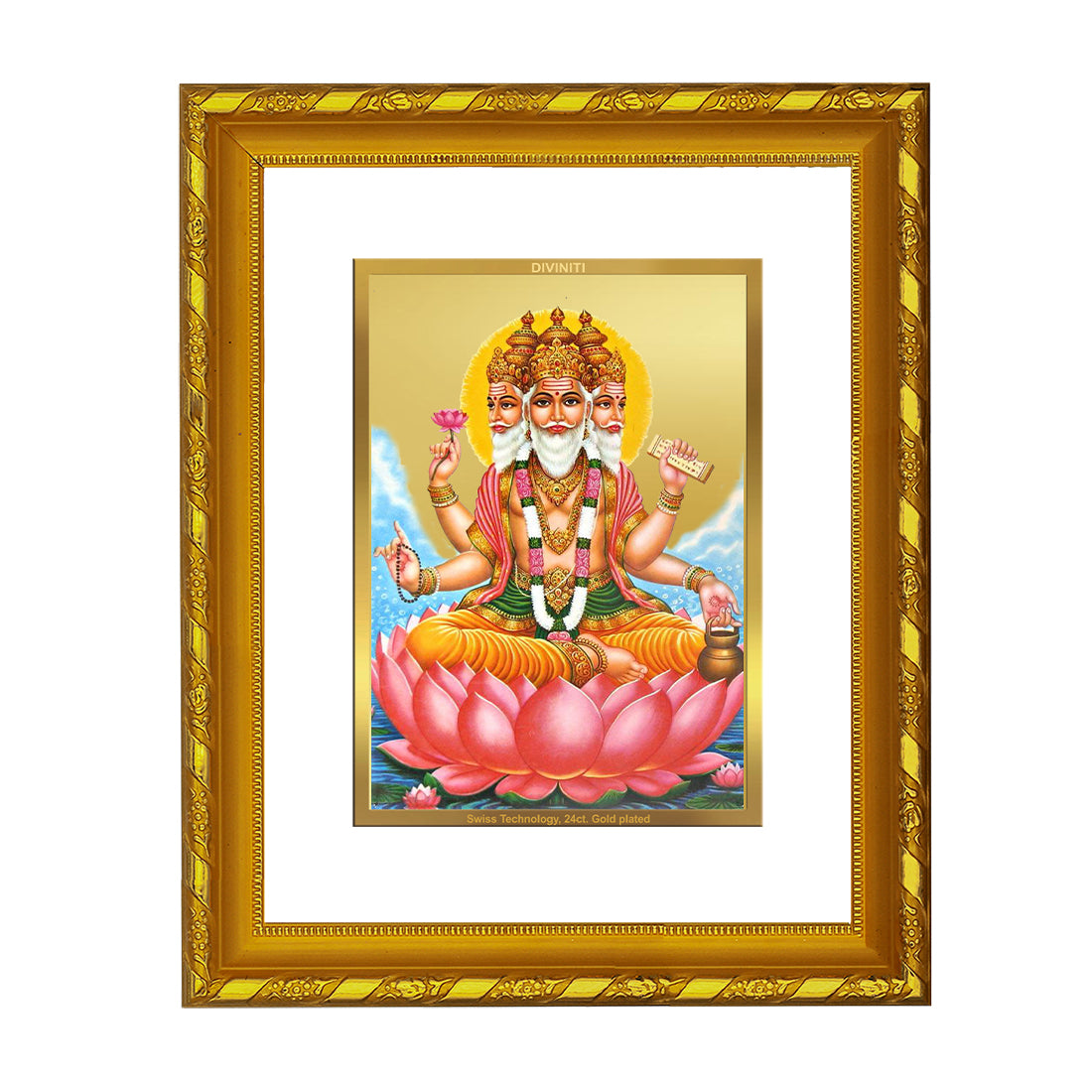 DIVINITI 24K Gold Plated Lord Brahma Wooden Modern Photo Frame Idol for Wall Hanging, Workshop, Table Top, Home Decor, Luxury Gift | DG103 Size 2 (22.6x18.4 CM)