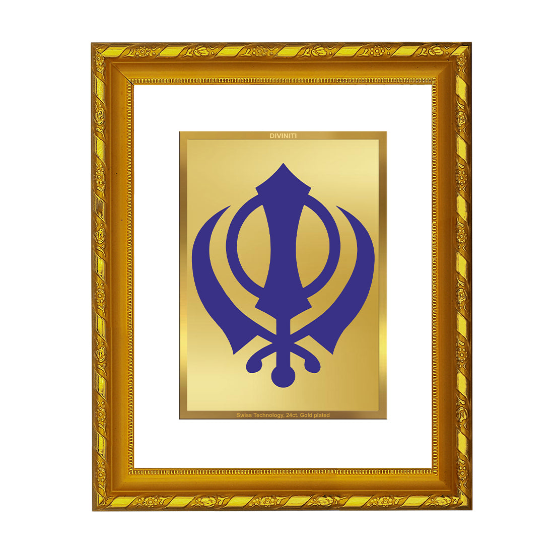 DIVINITI 24K Gold Plated Foil Khanda Sahib Wooden Photo Frame for Home Decor, Puja Room, Table Top, Wall Hanging, Workshop, Gift | DG103 Size 2 (22.6x18.4 CM)