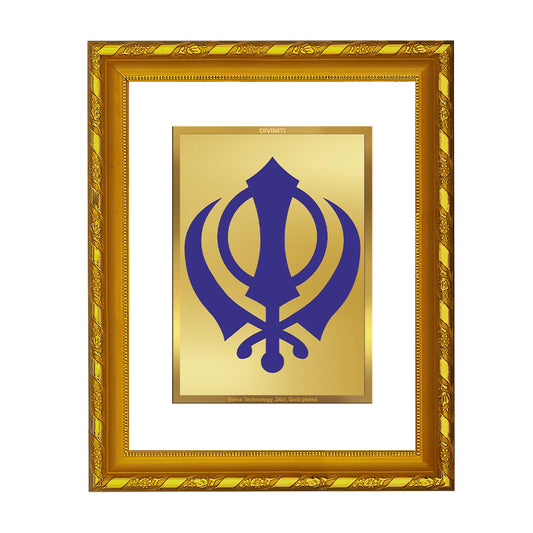 DIVINITI 24K Gold Plated Khanda Sahib Wooden Photo Frame Idol for Home Decor, Puja Room, Table Top, Wall Hanging, Workshop, Luxurious Gift | DG103 Size 2 (22.6x18.4 CM)