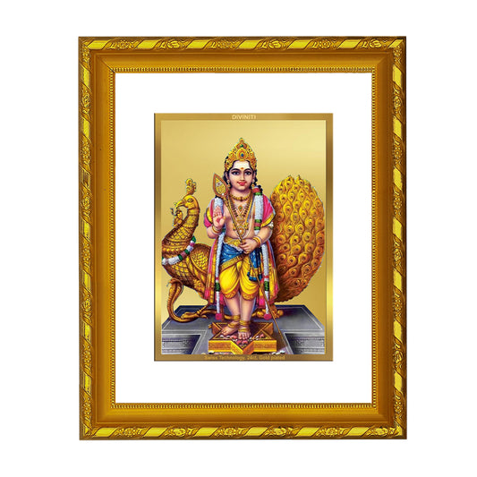 DIVINITI 24K Gold Plated Karthikey Wooden Luxurious Photo Frame Idol for Home Wall Decor, Workshop, Table Top, Premium Gift | DG103 Size 2 (22.6x18.4 CM)