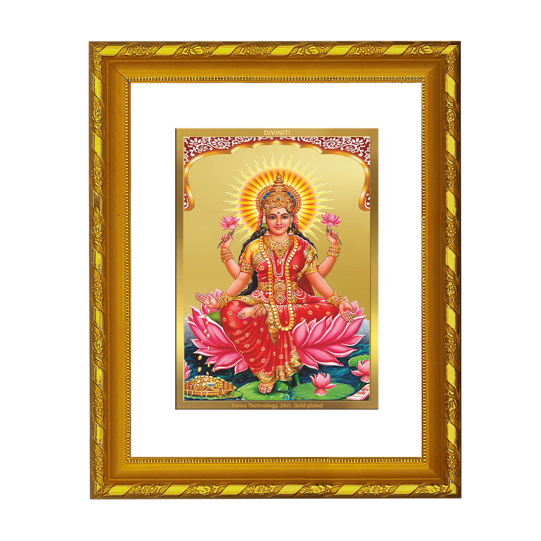 DIVINITI 24K Gold Plated Foil Goddess Lakshmi Photo Frame Idol for Home Wall Decor, Workshop, Table Top, Gift|DG103 Size 2 (22.6x18.4 CM)