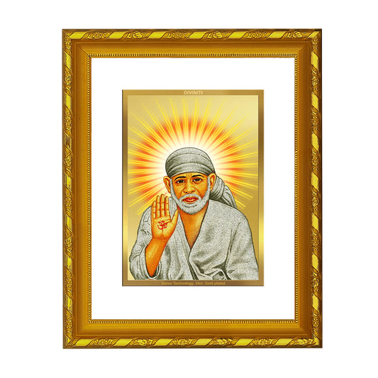 DIVINITI 24K Gold Plated Sai Baba Wooden Premium Photo Frame Idol for Puja Room, Home Wall Decor, Workshop, Table Top, Premium Gift | DG103 Size 2 (22.6x18.4 CM)