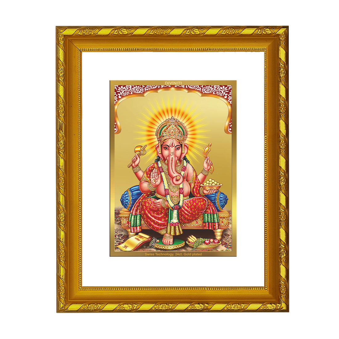 DIVINITI 24K Gold Plated Lord Ganesha Wooden Photo Frame Idol for Home Wall Decor, Workshop, Table Top, Premium Gift | DG103 Size 2 (22.6x18.4 CM)