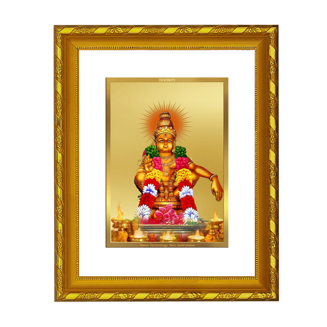 DIVINITI 24K Gold Plated Ayyappan Wooden Religious Photo Frame Idol for Home Decor, Puja Room, Table Top, Wall Hanging, Workshop, Luxurious Gift | DG103 Size 2 (22.6x18.4 CM)