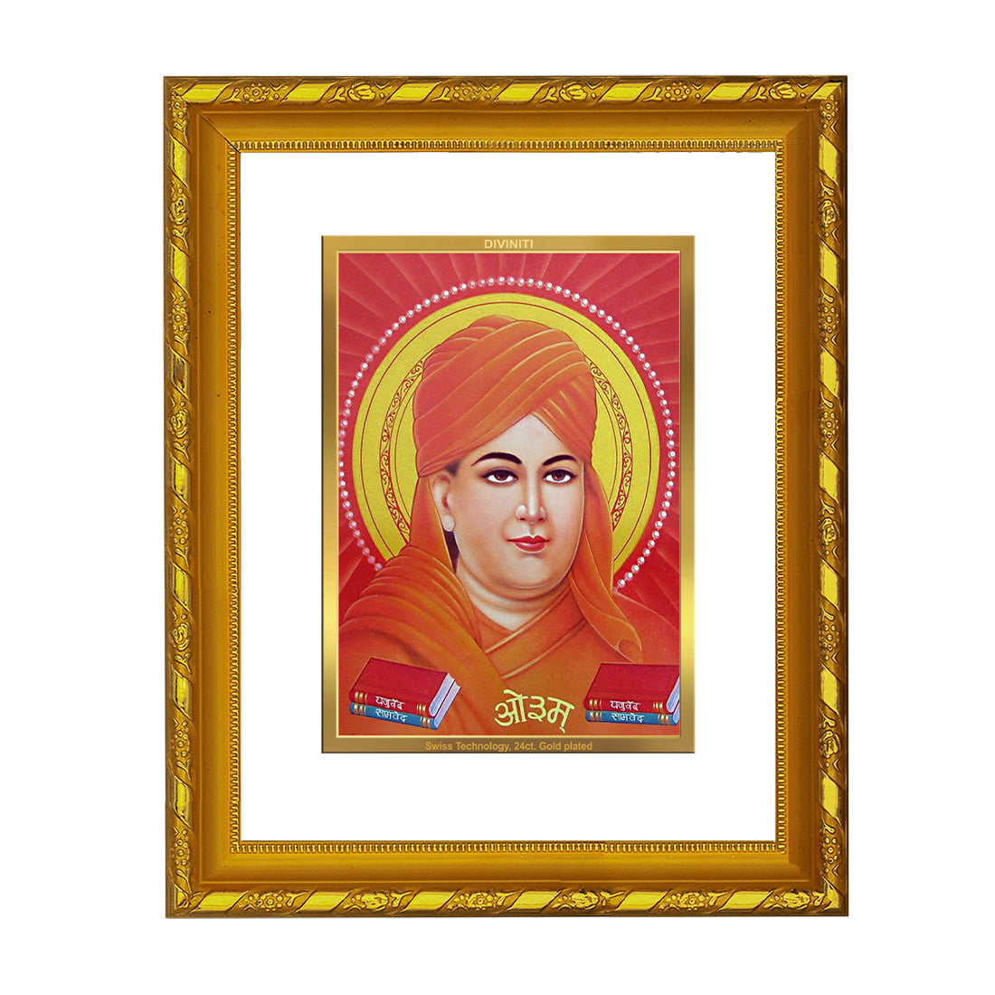 DIVINITI 24K Gold Plated Dayananda Saraswati Wooden Photo Frame Idol for Home Decor, Table Top, Wall Hanging, Workshop, Premium Gift | DG103 Size 2 (22.6x18.4 CM)