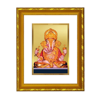 DIVINITI 24K Gold Plated Dagdu Ganesha Wooden Exquisite Photo Frame Idol for Wall Hanging, Table Top, Home Decor, Workshop, Gift Item | DG103 Size 2 (22.6x18.4 CM)