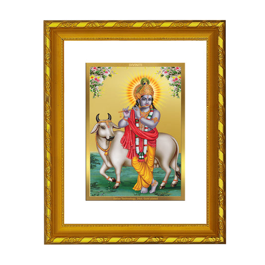 DIVINITI 24K Gold Plated Lord Krishna Wooden Classic Photo Frame Idol for Home & Office Decor, Wall Hanging, Workshop, Table Top, Gift | DG103 Size 2 (22.6x18.4 CM)