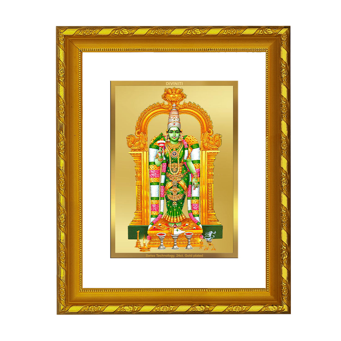 DIVINITI 24K Gold Plated Meenakshi Wooden Photo Frame Idol for Home Decor, Table Top, Wall Hanging, Workshop, Premium Gift | DG103 Size 2 (22.6x18.4 CM)