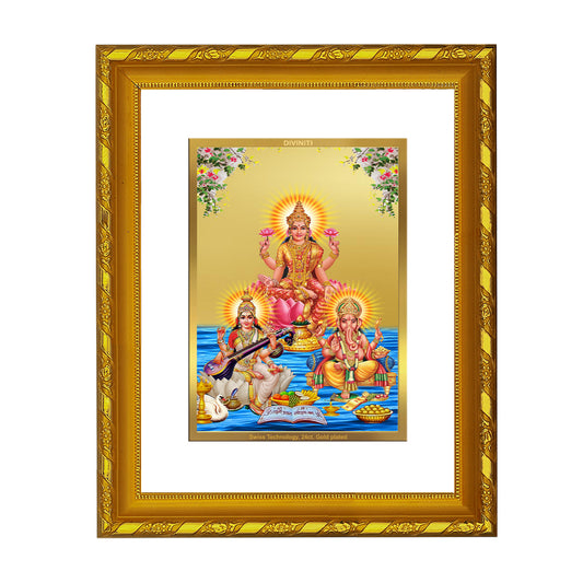 DIVINITI 24K Gold Plated Foil Lakshmi Ganesha Saraswati Photo Frame Idol for Home & Office Decor, Wall Hanging, Workshop, Table Top, Gift|DG103 Size 2 (22.6x18.4 CM)