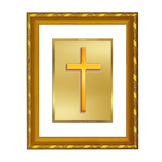 DIVINITI 24K Gold Plated Holy Cross Wooden Elegant Photo Frame Idol for Puja Room, Home Wall Decor, Workshop, Table Top, Premium Gift | DG103 Size 2 (22.6x18.4 CM)