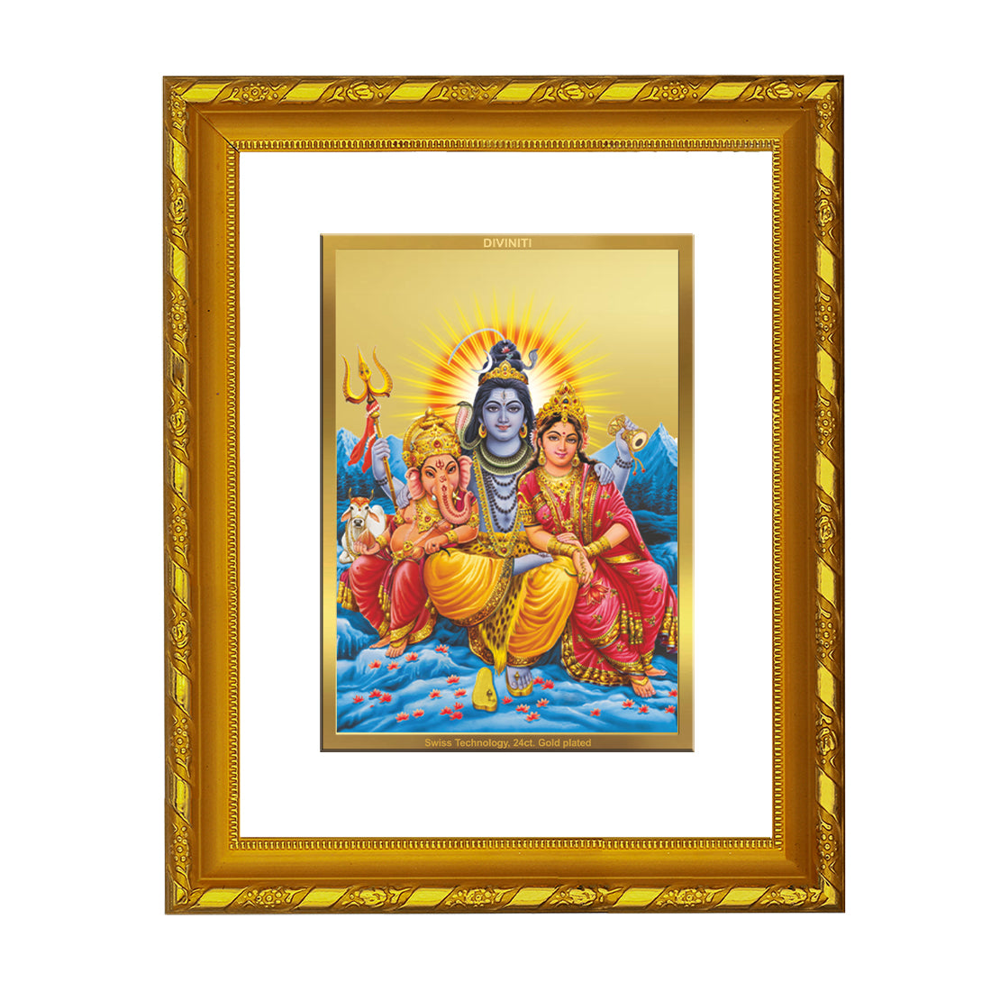 DIVINITI 24K Gold Plated Lord Shiv Parivar Wooden Photo Frame Idol for Home Decor, Puja Room, Table Top, Wall Hanging, Workshop, Luxurious Gift | DG103 Size 2 (22.6x18.4 CM)