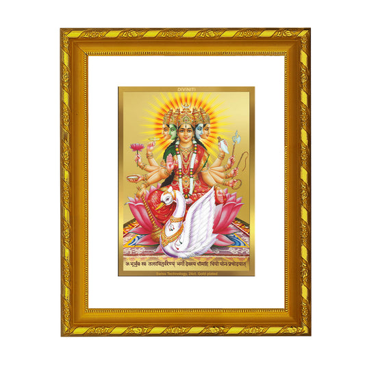 DIVINITI 24K Gold Plated Goddess Gayatri Wooden Elegant Photo Frame Idol for Puja Room, Home Wall Decor, Workshop, Table Top, Premium Gift | DG103 Size 2 (22.6x18.4 CM)