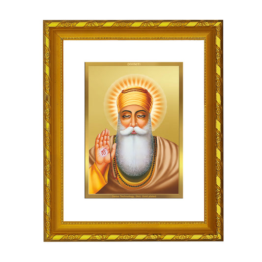 DIVINITI 24K Gold Plated Guru Nanak Wooden Classic Photo Frame Idol for Home & Office Decor, Wall Hanging, Workshop, Table Top, Gift | DG103 Size 2 (22.6x18.4 CM)