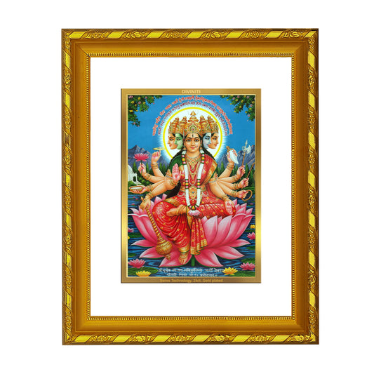 DIVINITI 24K Gold Plated Goddess Gayatri Wooden Photo Frame Idol for Home Decor, Puja Room, Table Top, Wall Hanging, Workshop, Luxurious Gift | DG103 Size 2 (22.6x18.4 CM)