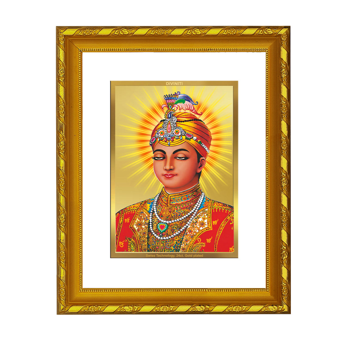 DIVINITI 24K Gold Plated Guru Harkrishan Wooden Photo Frame Idol for Home Decor, Puja Room, Table Top, Wall Hanging, Workshop, Luxurious Gift | DG103 Size 2 (22.6x18.4 CM)