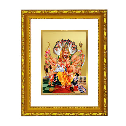 DIVINITI 24K Gold Plated Narsimha Wooden Religious Photo Frame Idol for Home Decor, Puja Room, Table Top, Wall Hanging, Workshop, Luxurious Gift | DG103 Size 2 (22.6x18.4 CM)