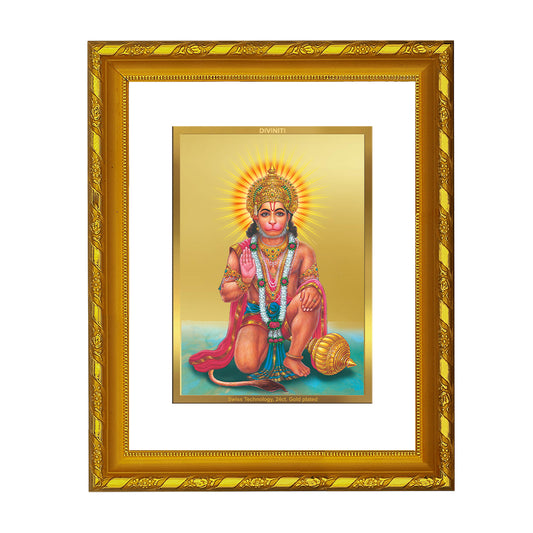 DIVINITI 24K Gold Plated Lord Hanuman Wooden Exquisite Photo Frame Idol for Home & Office Decor, Wall Hanging, Workshop, Table Top, Gift | DG103 Size 2 (22.6x18.4 CM)