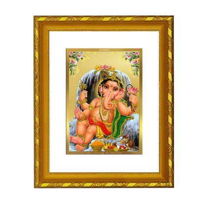 DIVINITI 24K Gold Plated Bal Ganesha Wooden Photo Frame Idol for Home Wall Decor, Workshop, Table Top, Premium Gift | DG103 Size 2 (22.6x18.4 CM)