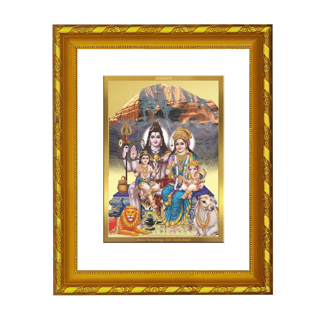 DIVINITI 24K Gold Plated Lord Shiv Parivar Wooden Modern Photo Frame Idol for Puja Room, Home Wall Decor, Workshop, Table Top, Premium Gift | DG103 Size 2 (22.6x18.4 CM)