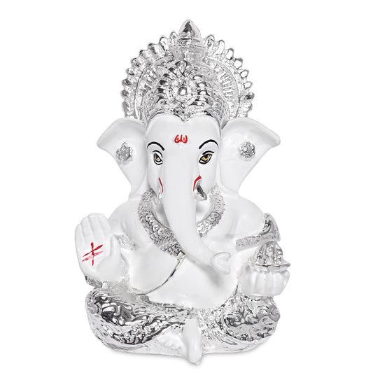 Diviniti 999 Silver Plated Resin Lord Ganesha Idol for Car Dashboard Tabletop for Home Decor Mandir Puja Gift White (8.4x4.2cm)