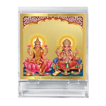 Diviniti 24K Gold Plated Laxmi Ganesha Acrylic Frame for Car Dashboard, Home Decor, Tabletop, Puja Room, Festival Gift ACF3A (5.8x4.8 CM)