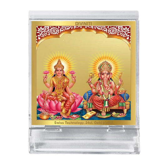 Diviniti 24K Gold Plated Laxmi Ganesha Acrylic Frame for Car Dashboard, Home Decor, Tabletop, Puja Room, Festival Gift ACF3A (5.8x4.8 CM)