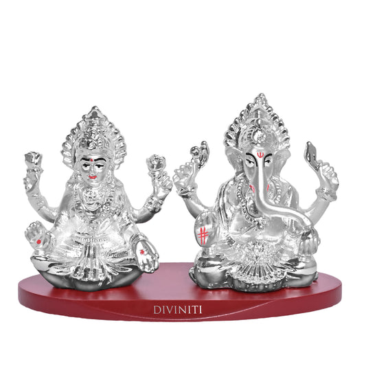 DIVINITI 999 Silver Plated Laxmi Ganesh Ji Idol Statue Radiant Symbol of Wealth and Wisdom for Home Office Décor, Puja Room, Tabletop Gift (6x5 CM)