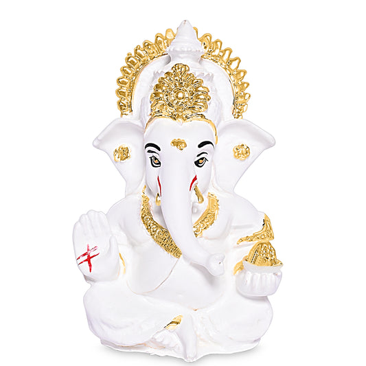 Diviniti 24K Gold Plated Resin Lord Ganesha Idol for Car Dashboard Tabletop for Home Decor Mandir Puja Gift White (8.4x4.2cm)