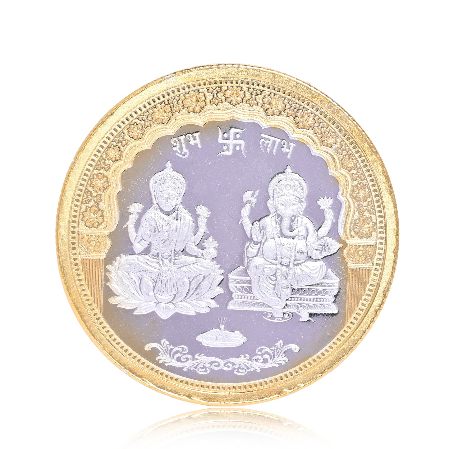 DIVINITI Pure Silver Coin with 24K Gold Plated Laxmi Ganesh and Swastik A Symbol of Wealth and Blessings for Home & Office Décor, Puja Room Diwali Gift (10g)