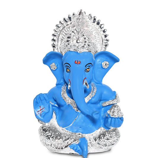 Diviniti 999 Silver Plated Resin Lord Ganesha Idol for Car Dashboard Tabletop for Home Decor Mandir Puja Gift Blue (8.4x4.2cm)