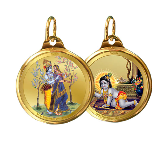 Diviniti 24K Gold Plated Radha Krishna & Laddu Gopal 22MM Double Sided Pendant For Men, Women & Kids