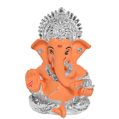 Diviniti 999 Silver Plated Resin Lord Ganesha Idol for Car Dashboard Tabletop for Home Decor Mandir Puja Gift Orange (8.4x4.2cm)