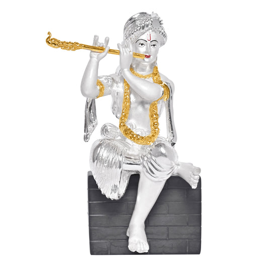 Diviniti 999 Silver Plated Lord Krishna Playing Flute Idol Statue Elegant Spiritual for Home & Office Pooja Room Gift (16x9 CM)