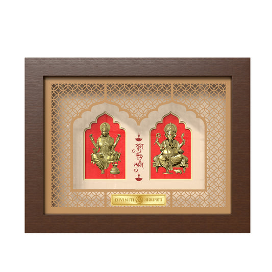 Diviniti 24K Gold Plated Laxmi Ganesh Wooden Classic Photo Frame for Home & Office Decor, Puja Room, Wall Hanging, Table Top, Luxury Gift