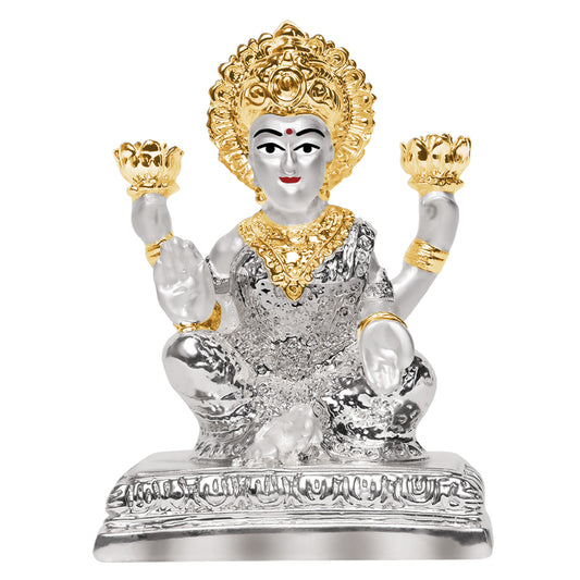 Diviniti 999 Silver Plated Laxmi Ji Idol Statue Blessings of Wealth and Abundance for Home Office Décor, Tabletop, Puja Room Gift (10x7.5 CM)