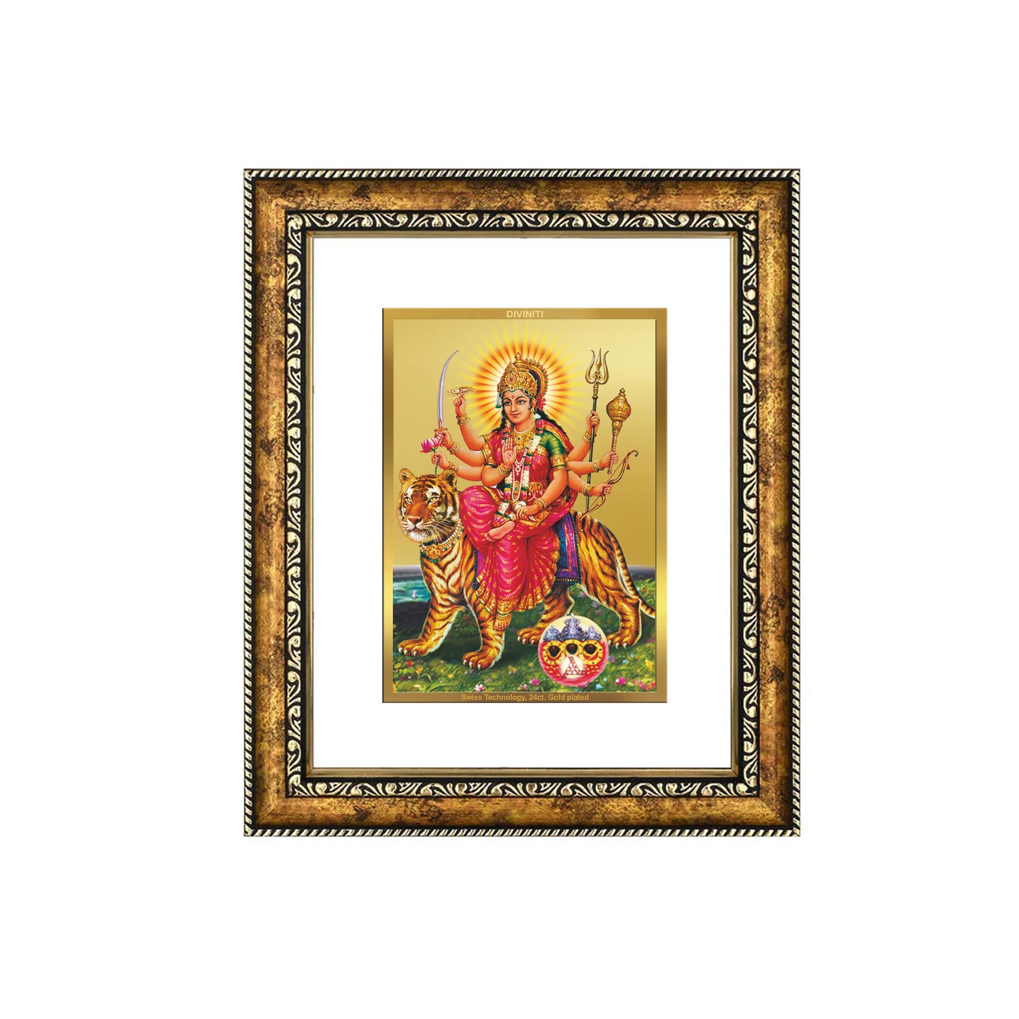 DIVINITI 24K Gold Plated Durga Wall Photo Frame for Home Decor, Wall Hanging, Table Top, Puja Room & Gift DG113S3 (27.6X35.4 CM)