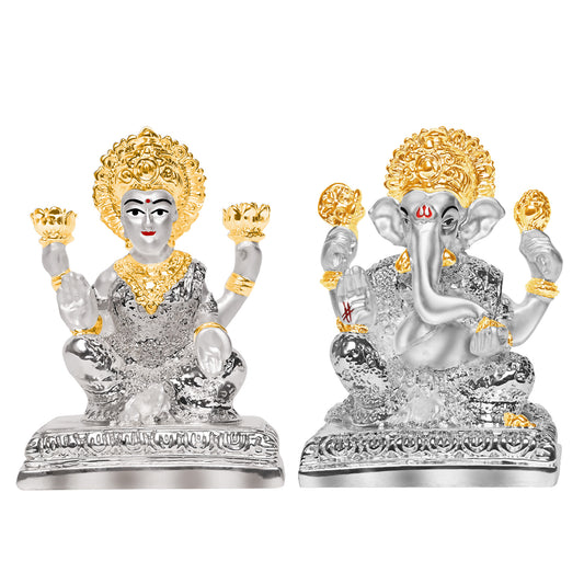 DIVINITI 999 Silver Plated Laxmi Ganesh Idol Statue Exquisite Symbol of Fortune and Blessings for Home Office Décor, Tabletop, Puja Room Gift (10x7.5 CM)