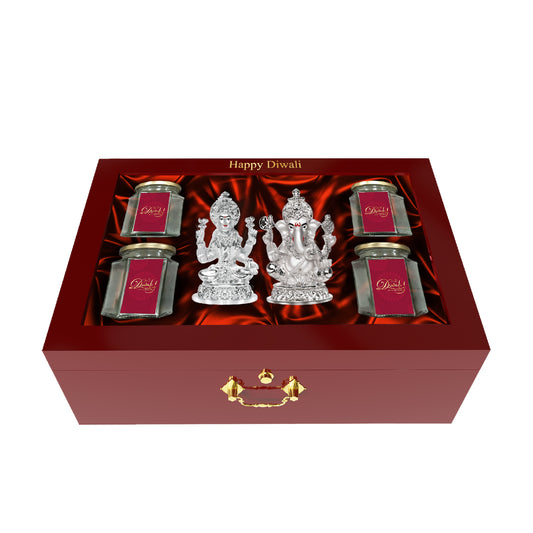 DIVINITI 999 Silver Plated Laxmi Ganesh Idol Statue for Home and Office Décor Puja Room & Luxurious Box Dry Fruits Bottle for Diwali Gift