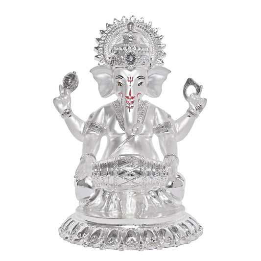 DIVINITI 999 Silver Plated Ganesh Idol Statue Radiate Prosperity and Blessings for Home Office Décor Puja Room Gift (15x12 CM)