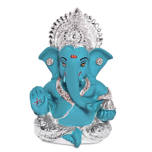 Diviniti 999 Silver Plated Resin Lord Ganesha Idol for Car Dashboard Tabletop for Home Decor Mandir Puja Gift Teal (8.4x4.2cm)