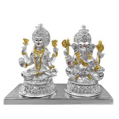 Diviniti 999 Silver Laxmi Ganesh Idol Statue Divine Emblem of Prosperity and Good Fortune for Home Office Décor, Tabletop, Puja Room Gift (10x6.5 CM)