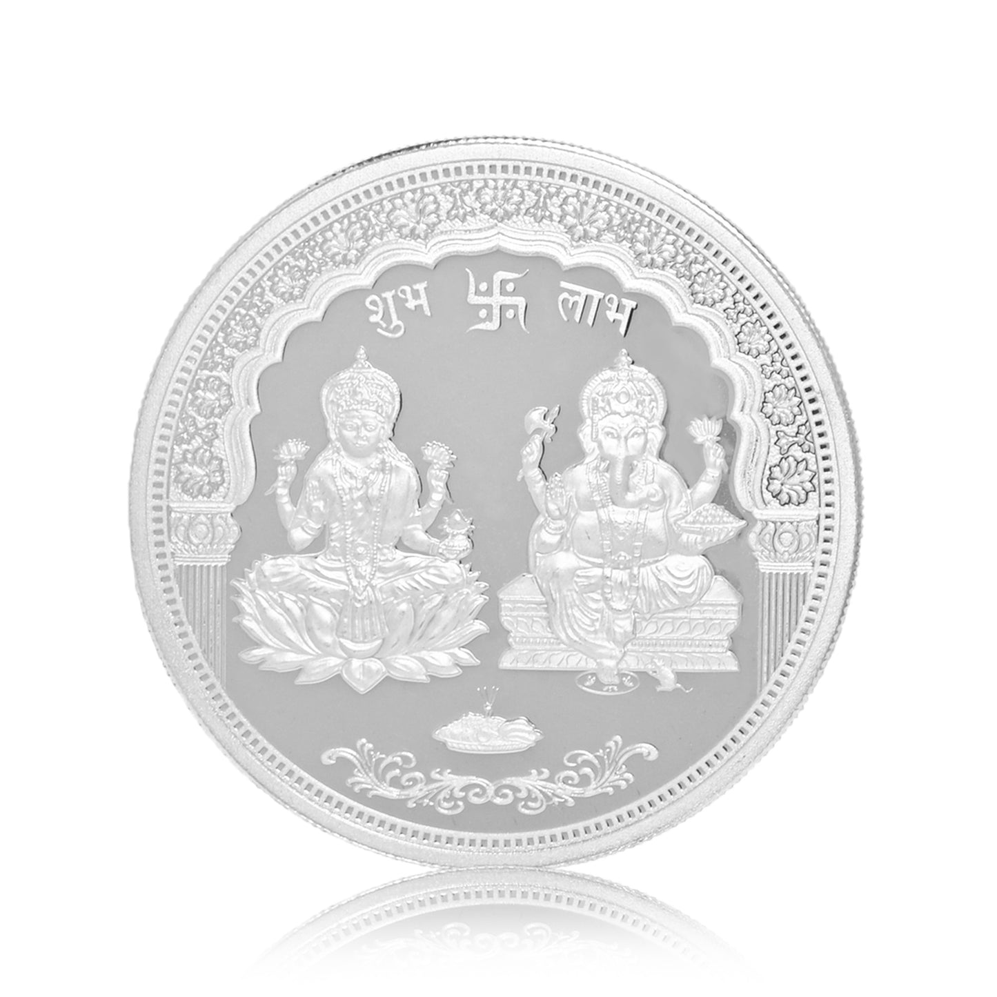 DIVINITI Pure Silver Coin Laxmi Ganesh & Swastik Symbol of Prosperity and Blessings for Home & Office Décor, Puja Room Diwali Gift (100g)